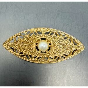 Vintage Gold Tone Filigree Faux Pearl Brooch Oval Eye Shape Pin